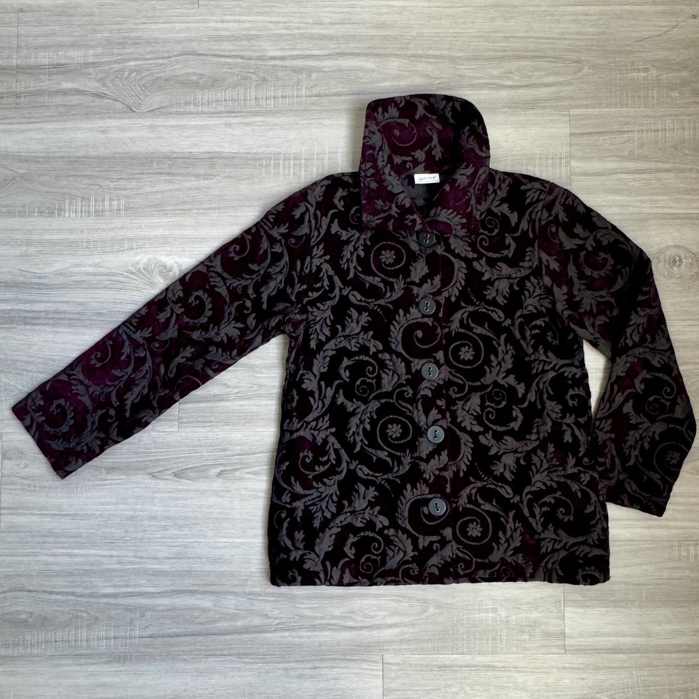 Burgundy Dark Floral Jacket Side Pockets S Whimsy Artsy Boho Baroque Brocade